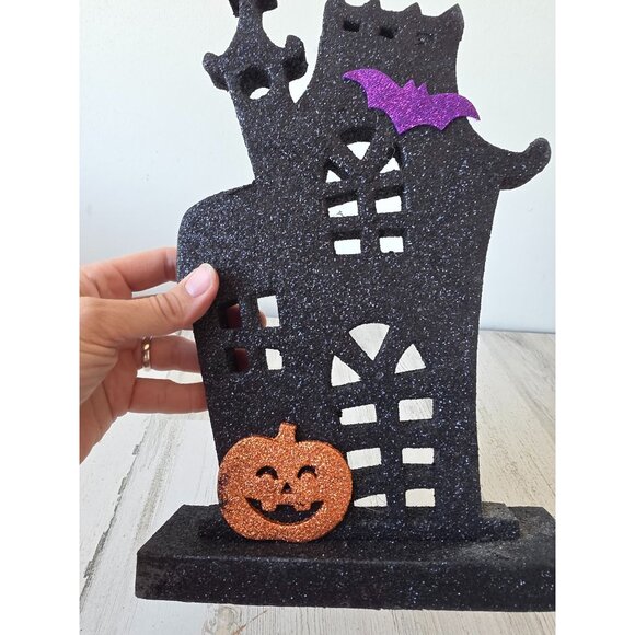 Glitter haunted house Halloween decor pumpkin bat sparkle black - Picture 3 of 6